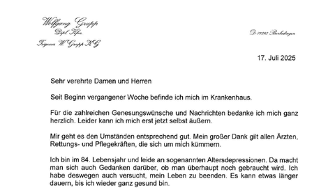 Der Briefkopf einer Nachricht, bei der sich Wolfgang Grupp Altersdepressionen und einen Suizidversuch veröffentlicht.