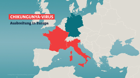 Europakarte, in welcher Frankreich und Italien hervorgehoben sind. Eine direkte Übertragung von Chikungunya durch Tigermücken vor Ort wurde in diesen Ländern bereits festgestellt.