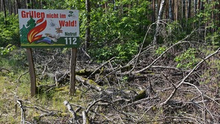 Ein Schild im Wald warnt vor Waldbrandgefahr durch Grillen.
