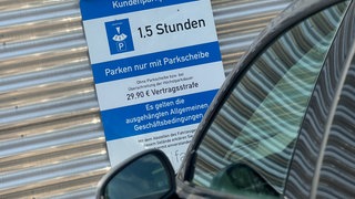 Ein Schild auf einem Kundenparkplatz mit dem Hinweis "Parken nur mit Parkscheibe für die Dauer des Einkaufs"