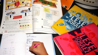 Schulstart in Baden-Württemberg: Ein Kind hat mehrere Schulbücher vor sich liegen.