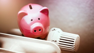 Ein Sparschwein steht auf einer Heizung