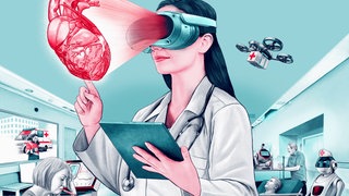 Ärztin mit VR-Brille, die ein Herz projiziert. Die neue KI Delphi-2M kann das Krankheitsrisiko vorhersagen.