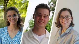 Collage von Fotos von zwei weiblichen und einer männlichen Person im Porträt