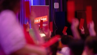 Delegierte der Linken Baden-Württemberg halten bei einer Wahlversammlung Stimmkarten in den Händen.