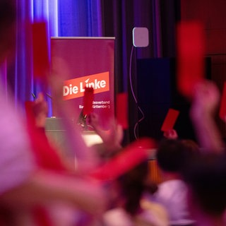 Delegierte der Linken Baden-Württemberg halten bei einer Wahlversammlung Stimmkarten in den Händen.