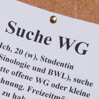 Ein Zettel mit der Aufschrift "Suche WG". Aufgrund des Wohnungsmangels sind viele Studierende auch noch zu Beginn des Wintersemesters auf der Suche nach einer WG oder Wohnung.