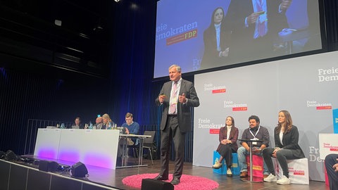 Der FDP-Spitzenkandidat für die Landtagswahl, Hans-Ulrich Rülke, hält beim Parteitag in Donaueschingen (Schwarzwald-Baar-Kreis) eine Rede.