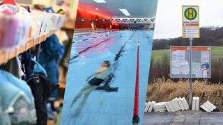 Eine Kita, ein Schwimmbad und eine leere Bushaltestelle als Collage