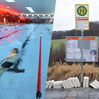 Eine Kita, ein Schwimmbad und eine leere Bushaltestelle als Collage