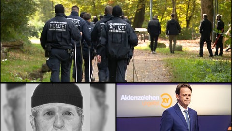 Collage aus drei Motiven: Polizisten suchen in Maulburg nach dem Fund einer Baby-Leiche nach Spuren an einem Spielplatz, Ein Phantombild nach einer Entführung auf einem Supermarkt-Parkplatz in Tübingen und Moderator Rudi Cerne steht im Studio von "Aktenzeichen XY"
