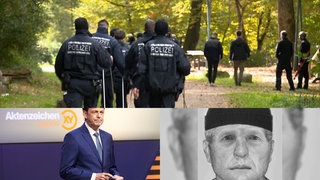Collage aus drei Motiven: Polizisten suchen in Maulburg nach dem Fund einer Baby-Leiche nach Spuren an einem Spielplatz, Ein Phantombild nach einer Entführung auf einem Supermarkt-Parkplatz in Tübingen und Moderator Rudi Cerne steht im Studio von "Aktenzeichen XY"