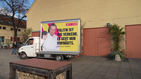 Wahlplakat der FDP bei der Vorstellung der Kampagne für die Landtagswahl 2026