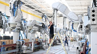 Symbolbild: Ein Arbeiter des Maschinenbauers Dürr montiert am Stammsitz in Bietigheim-Bissingen einen Roboterarm für eine Lackieranlage für Fahrzeuge.