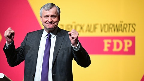 Hans-Ulrich Rülke, Landesvorsitzender der FDP Baden-Württemberg, gestikuliert beim Landesparteitag der FDP Baden-Württemberg nach seiner Rede.