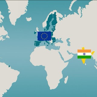 Eine Weltkarte, auf der die EU und Indien farbig hervorgehoben sind