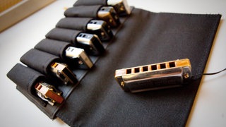 Mundharmonikas, genannt "Bluesharps", liegen auf einer Bank.