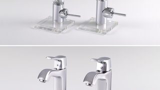 Die Original-Wasserhähne von Hansgrohe und daneben das Plagiat aus China.