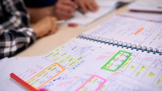 Unterrichtsmaterialien liegen in einem Integrationskurs für Zuwanderer auf einem Tisch.