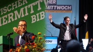 Collage: CDU-Spitzenkandidat Manuel Hagel beim politischen Aschermittwoch in Fellbach im Rems-Murr-Kreis und Cem Özdemir beim politischen Aschermittwoch in Biberach.