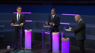 Cem Özdemir (Grüne), Manuel Hagel (CDU) und Markus Frohnmaier (AfD) in der SWR-Debatte vor der Landtagswahl in baden-Württemberg.