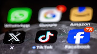 Die Apps verschiedener US-amerikanischer Tech-Konzerne, WhatsApp, Google, Amazon, X und Facebook, sind gemeinsam mit der chinesischen App TikTok auf dem Display eines Smartphones zu sehen.