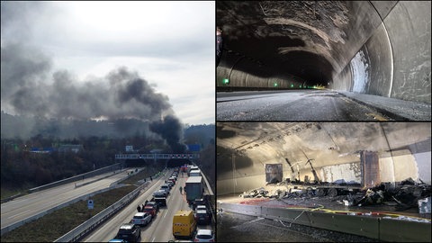 Eine Montage zeigt Aufnahmen vom Engelbergtunnel, der nach einem Feuer stark beschädigt ist.