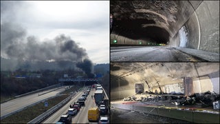 Eine Montage zeigt Aufnahmen vom Engelbergtunnel, der nach einem Feuer stark beschädigt ist.