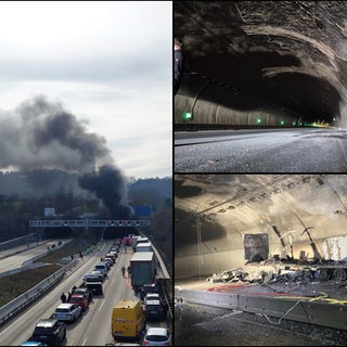 Eine Montage zeigt Aufnahmen vom Engelbergtunnel, der nach einem Feuer stark beschädigt ist.