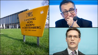 Eine Collage zeigt Cem Özdemir, Manuel Hagel und den Landtag von Baden-Württemberg. Nach der Wahl ist eine Debatte um den Wahlsieger ausgebrochen. Der Vorschlag wurde laut, das Amt des Ministerpräsidenten nach der Hälfte der Amtsperiode zu wechseln.