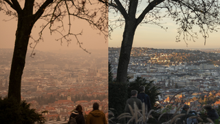 Stuttgart mit Blick vom Santiago de Chile Platz - einmal mit Saharastaub und einmal ohne