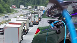 Link: Eine Autobahn, auf der mehrere Lkw unterwegs sind. Rechts: Ein E-Auto an einer Ladestation. Klima-Sachverständige Maike Schmidt fordert günstigere E-Autos und eine Lkw-Maut.