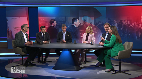 Moderatorin Alexandra Gondorf spricht in der Sendung "Zur Sache! Baden-Württemberg" mit Unternehmerin Isabel Grupp-Kofler, Ludwigsburgs Oberbürgermeister Matthias Knecht (parteilos), SWR-Landespolitik-Korrespondent Henning Otte, CDU-Generalsekretär Tobias Vogt sowie dem Grünen-Fraktionsvorsitzenden Andreas Schwarz (v.r.n.l.)