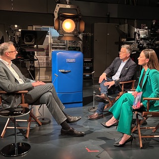 Andreas Schwarz (links), Fraktionsvorsitzender der Grünen im Landtag, im Gespräch mit Henning Otte und Alexandra Gondorf.