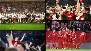 Eine Collage zeigt Spieler und Fans des SC Freiburg nach dem Sieg gegen den SC Braga und dem Einzug ins Finale der Europa League