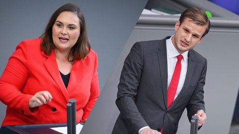 Bildmontage: Isabel Cademartori und Robin Mesarosch jeweils bei einer Rede im Bundestag. Die beiden kandidieren für den SPD-Landesvorsitz in BW.