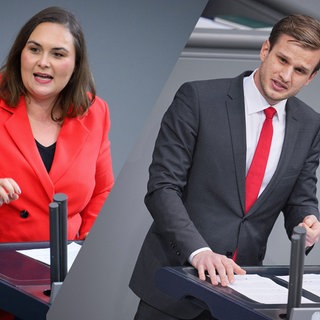 Bildmontage: Isabel Cademartori und Robin Mesarosch jeweils bei einer Rede im Bundestag. Die beiden kandidieren für den SPD-Landesvorsitz in BW.