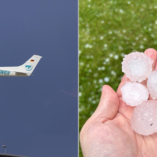 Ein Hagelflieger in der Luft, rechts große Hagelkörner auf einer Hand