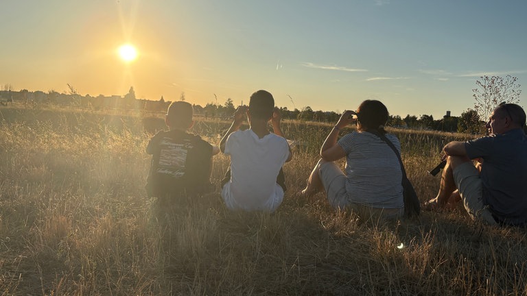 Vier Menschen sitzen mit dem Rücken zur Kamera auf einem Feld - vor ihnen die Sonne am Horizont.