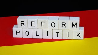 Auf Würfeln auf einer Deutschlandfahne steht "Reformpolitik".