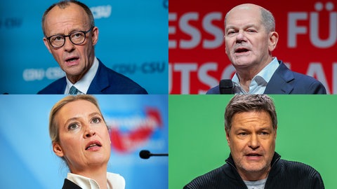 Die Kanzlerkandidaten Friedrich Merz (CDU), Olaf Scholz (SPD), Alice Weidel (AfD) und Robert Habeck (Grüne)