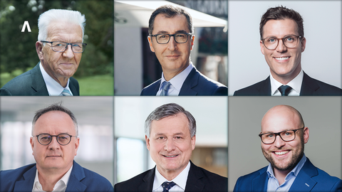 Oben (v.l.n.r.): Winfried Kretschmann (Grüne), Cem Özdemir (Grüne), Manuel Hagel (CDU). Unten (v.l.n.r.): Andreas Stoch (SPD), Hans-Ulrich Rülke (FDP), Markus Frohnmaier (AfD)