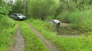Eine Frau fischt in einem Teich nach Mücken.