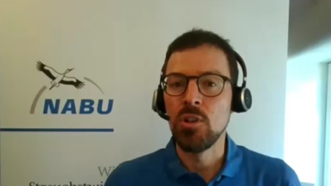 Zu sehen ist Johannes Enssle im Videotelefonat mit dem SWR. Im Hintergrund ist ein Banner des NABU BW zu sehen. Er trägt ein blaues Hemd. 