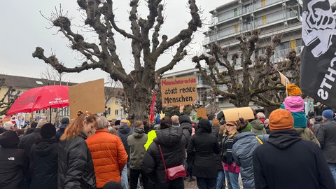 Rund 600 Menschen zählt die Polizei bei den Protesten gegen die AfD in Rheinfelden. Viele von ihnen halten Schilder hoch. 