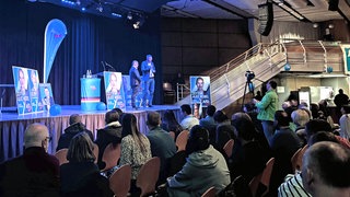 Rund 600 Menschen zählt die Polizei bei den Protesten gegen die AfD in Rheinfelden. Viele von ihnen halten Schilder hoch. 
