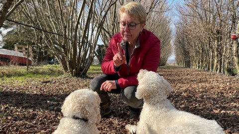 Elli Gretzmeier mit ihren Trüffelhunden Alba und Lotte in ihrer Plantage bei Merdingen