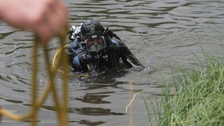 Drei Taucher suchen einen Weiher ab.