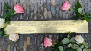 Messingschwelle zum Gedenken eingelassen in einen Gehweg in Freiburg