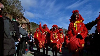 Rote Hästräger mit Hexenmaske beim Umzug des 58. Hochrheinischen Narrentreffens